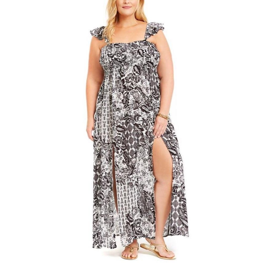 Raviya Black Printed Maxi Cover-Up Dress Size 2X